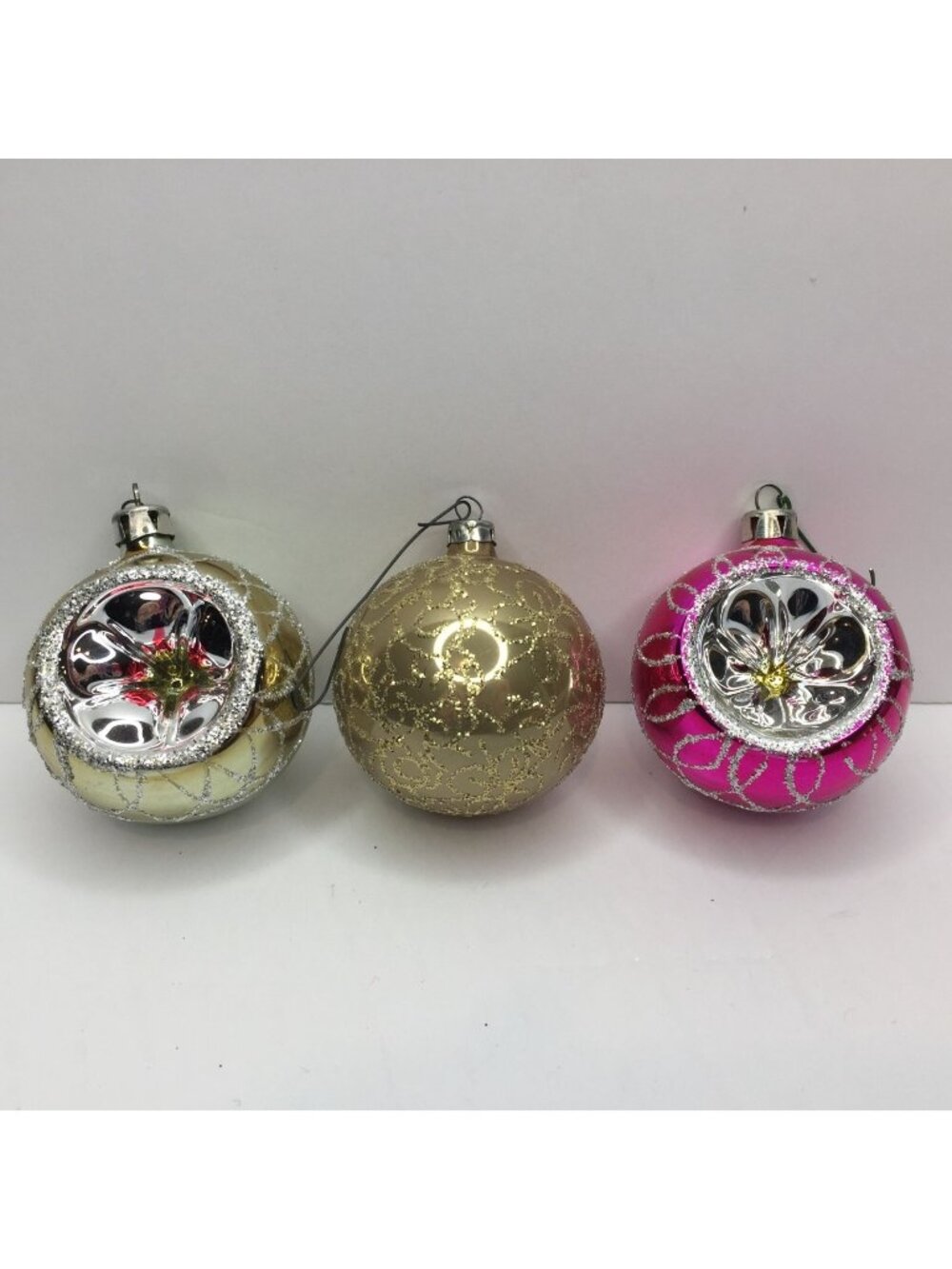 Vintage Glass Christmas Ornaments Set Of 3 Glitter Accents Gold Pink Retro Decor